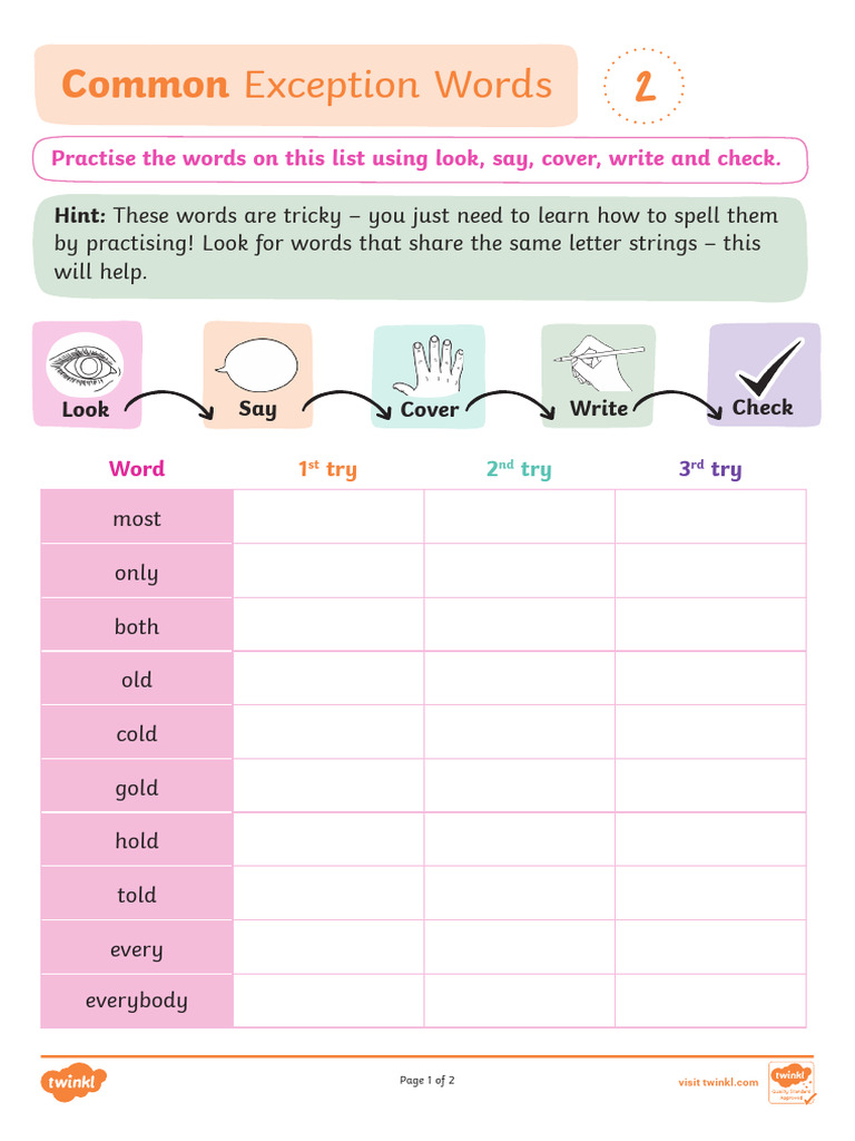 Year 2 Common Exception Words Practice | PDF