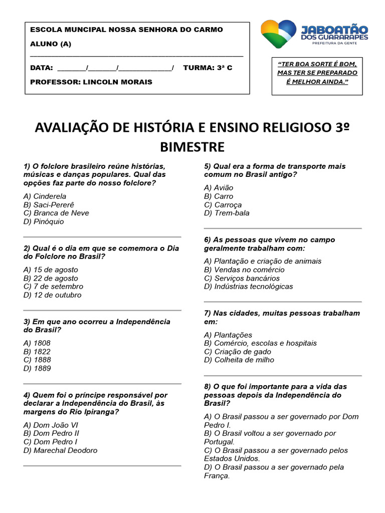 Prova de Historia e Ensino Religioso 3 Bimestre | PDF | Brasil