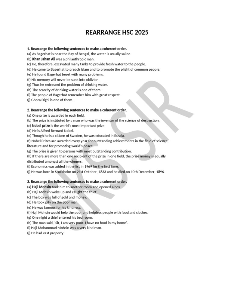 HSC 2025 Sentence Rearrangement Guide | PDF