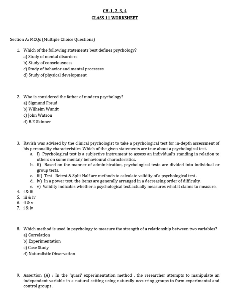 Class 11 Psychology Worksheet MCQs | PDF | Psychology | Perception