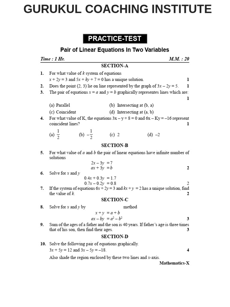 Linear Equations Practice Test | PDF | Equations | System Of Linear ...