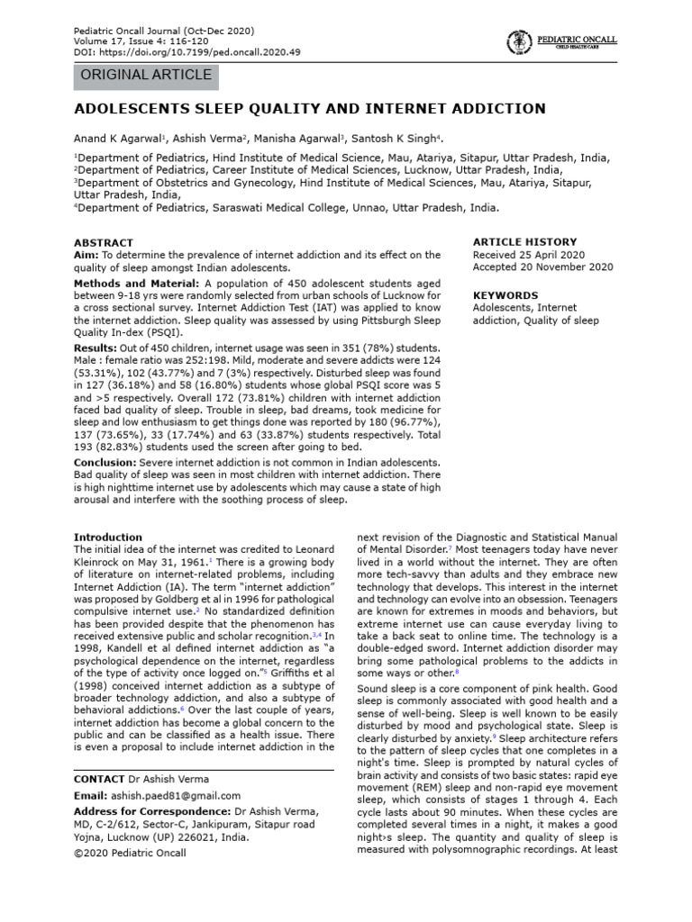 Sleep Quality and Internet Addiction in Teens | PDF | Sleep | Adolescence