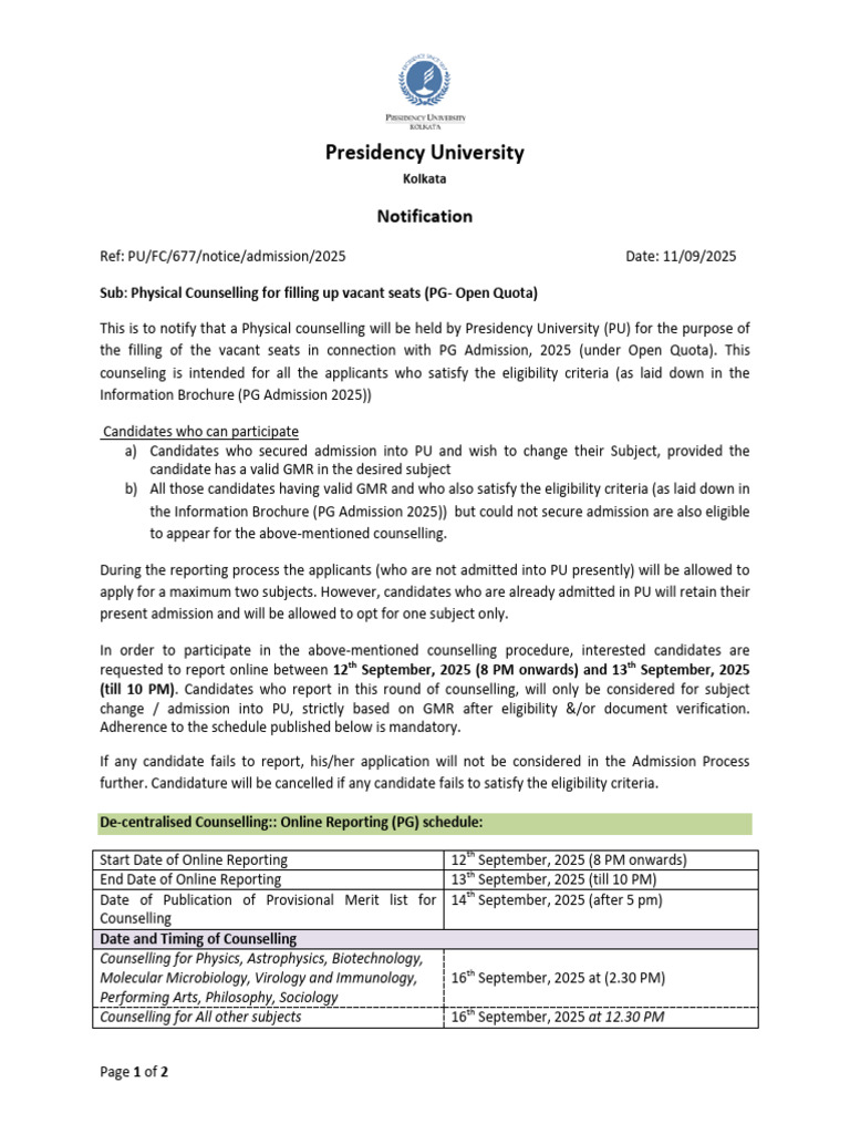 PG Admission Counselling Notification 2025 | PDF