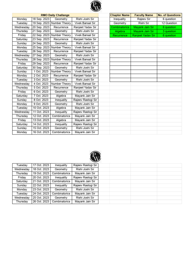 Weekly Math Challenge Schedule | PDF | Mathematics | Discrete Mathematics