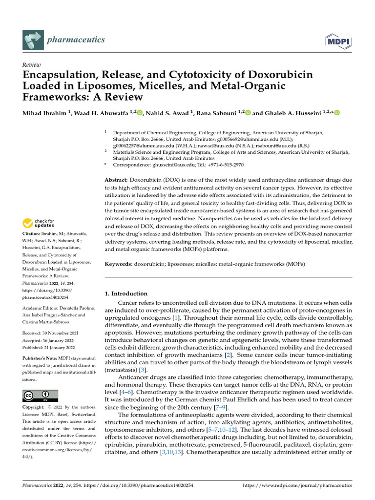 Encapsulation, Release, and Cytotoxicity of Doxorubicin Loaded in ...