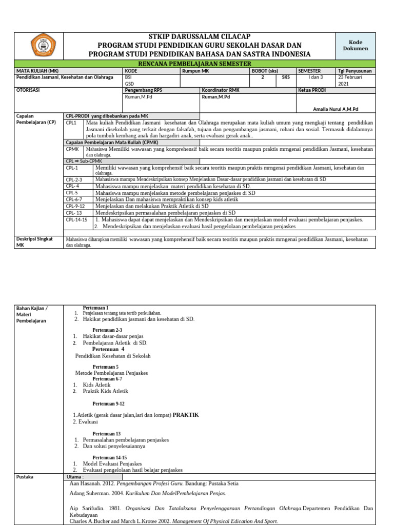 Rencana Pembelajaran Penjas SD 2021 | PDF