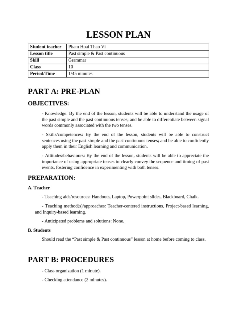 Past Simple vs. Past Continuous Lesson Plan | PDF | Lesson Plan | Learning