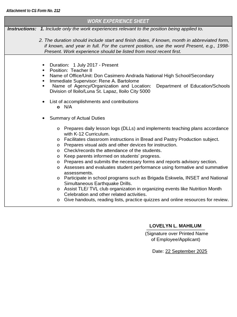Teacher II Work Experience Sheet | PDF | Human Communication | Learning