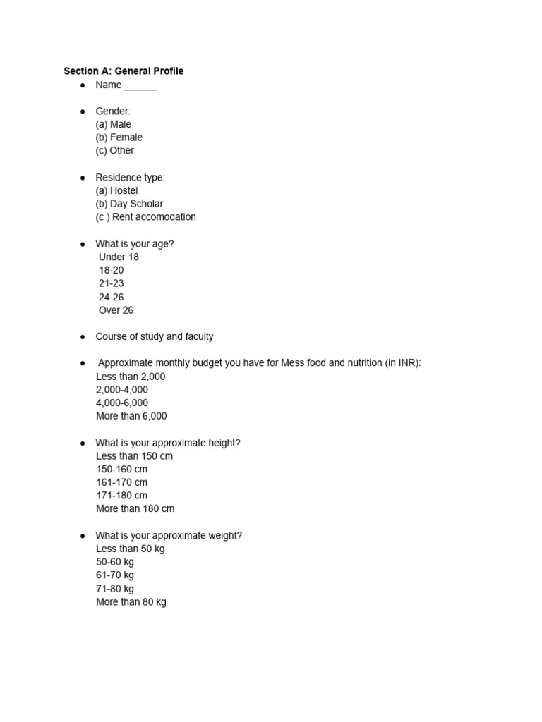 Student Food and Health Survey Form | PDF | Foods | Vitamin