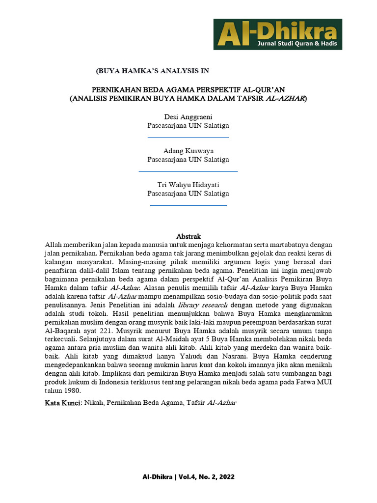 Marriage of Different Religions On The Qur'Anic Perspective (Buya Hamka ...