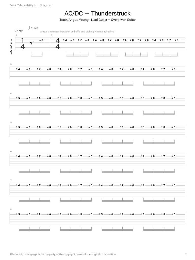 AC/DC Thunderstruck Guitar Tabs | PDF | Popular Music | Guitars