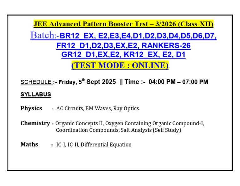 JEE Adv. Pattern Bosoter Test-3 - JEE 2026 - 05.09.2025 | PDF
