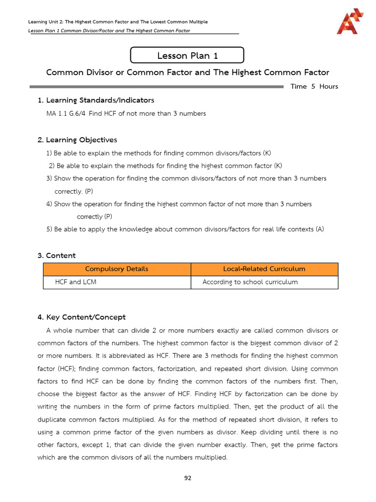 HCF and LCM Lesson Plan Overview | PDF | Learning | Factorization