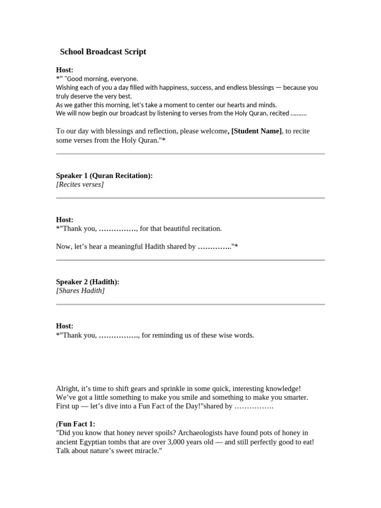 School Broadcast Script for Students | PDF