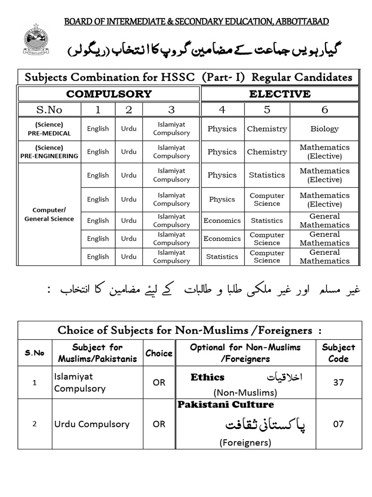 HSSC 11th Class Subject Combinations | PDF | Persian Language | Arabic