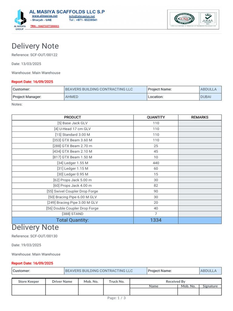 Delivery Notes for Abdulla Project Dubai | PDF | Scaffolding | Bamboo
