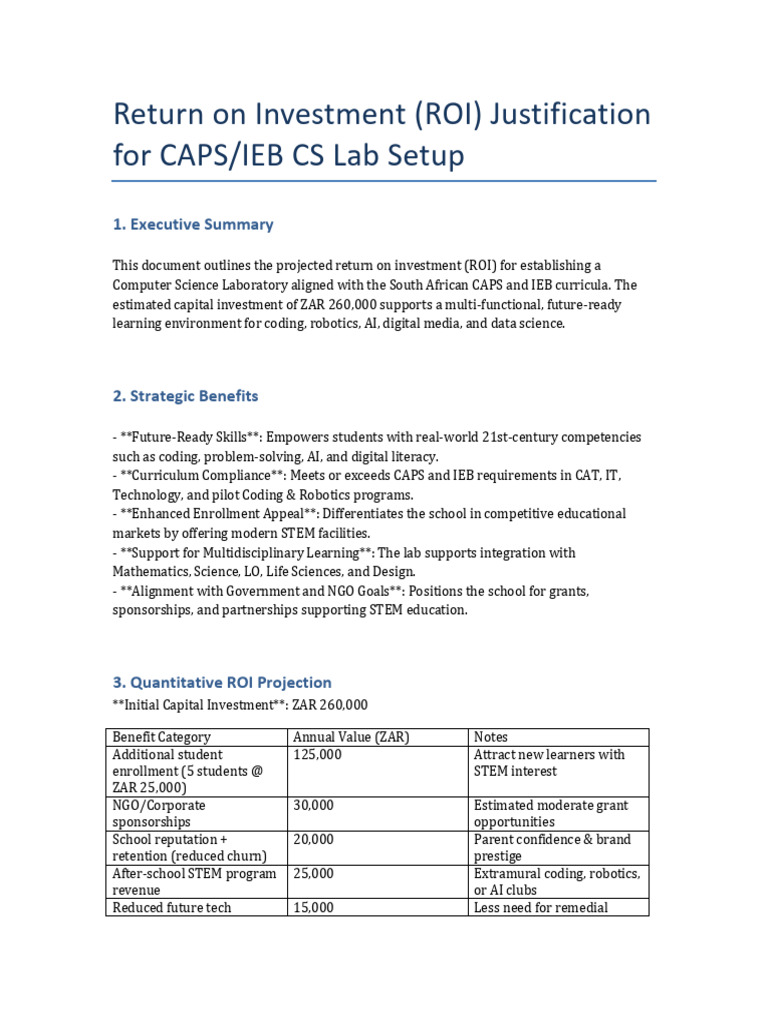 CS Lab ROI Justification CAPS IEB | PDF | Return On Investment ...