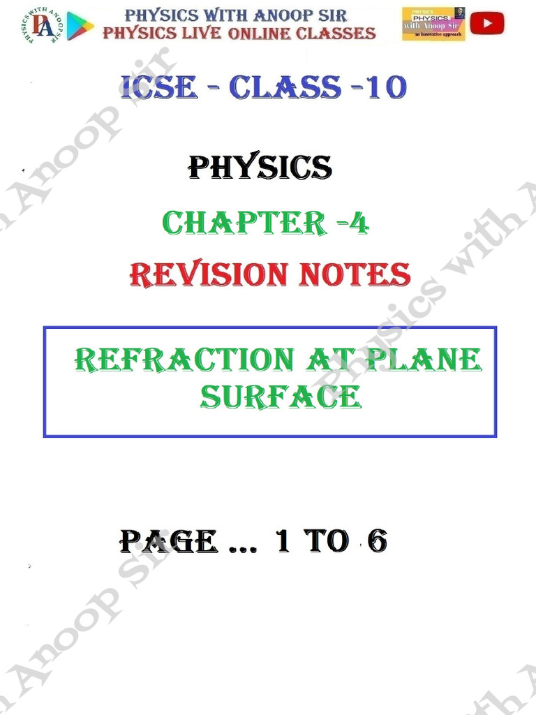 4 Notes Full Refraction at Plane Surface Icse 10 | PDF | Refraction ...