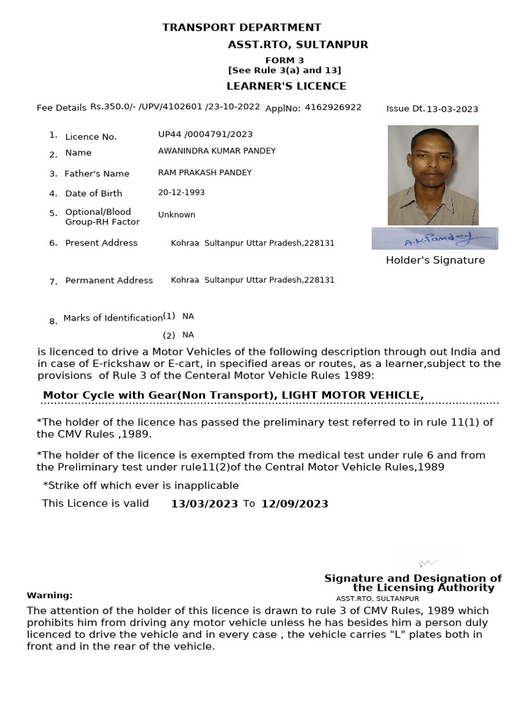 Asst - Rto, Sultanpur Transport Department: Form 3 (See Rule 3 (A) and ...