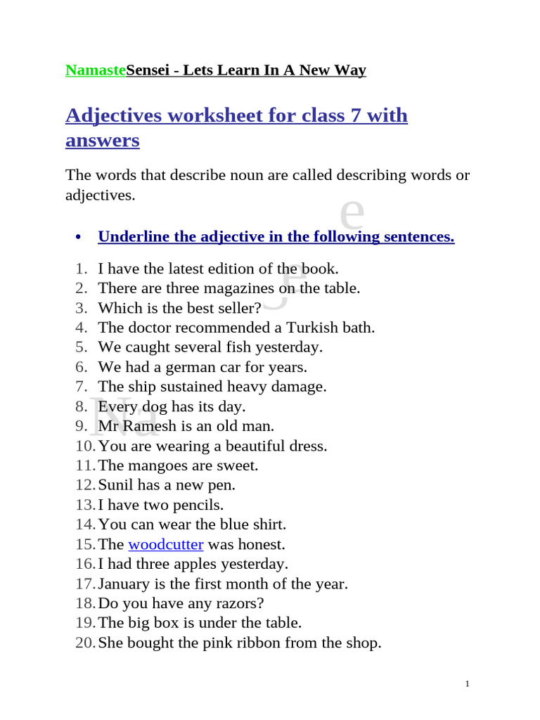 Adjective Worksheet for Class 7 with Answers | PDF | Adjective | Grammar