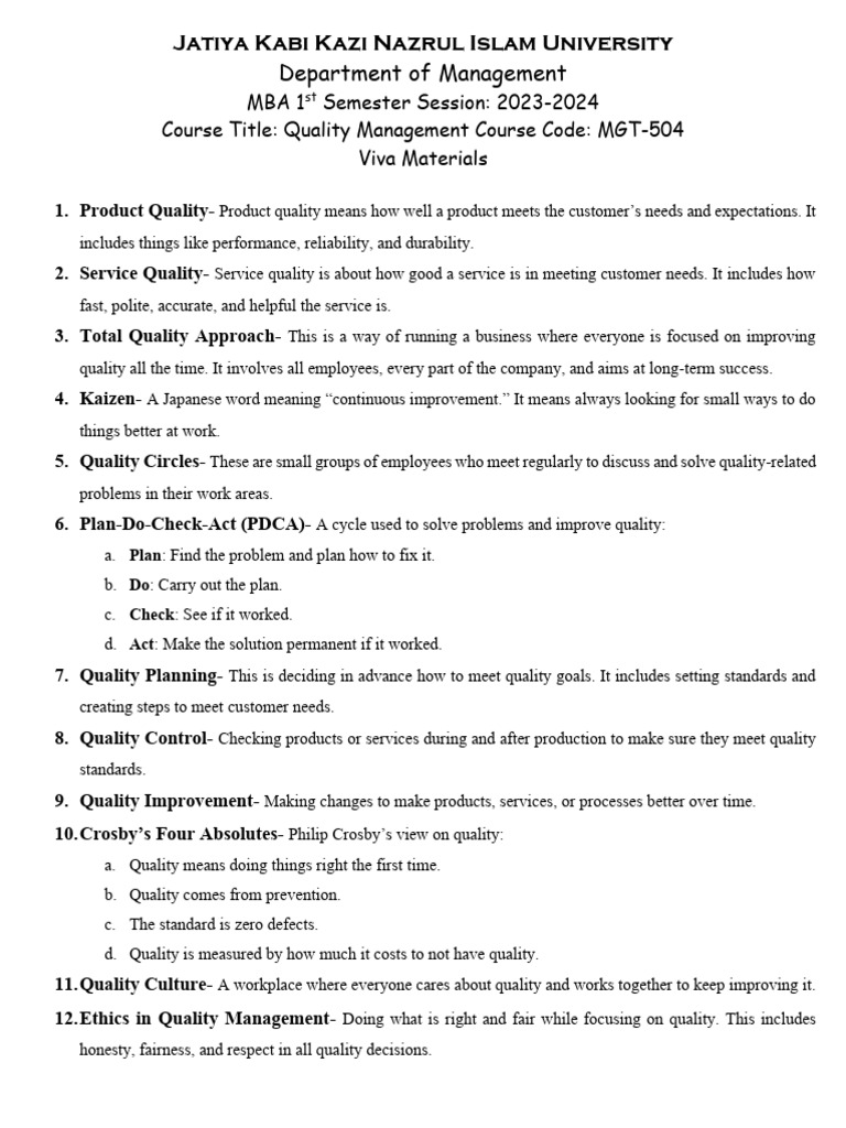 MBA Quality Management Course Overview | PDF