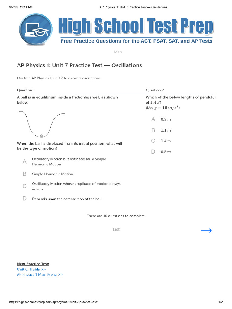 AP Physics 1 - Unit 7 Practice Test - Oscillations | PDF | Oscillation ...
