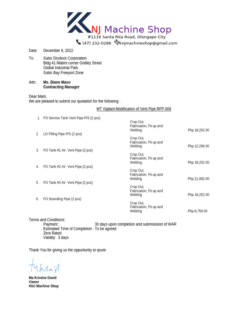 KNJ Machine Shop Quotation for RFP-006 | PDF | Chess Openings | Chess