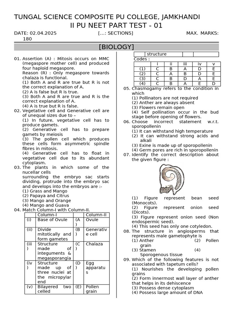 NEET Biology Part Test 2025 - Jamkhandi | PDF | Seed | Pollen
