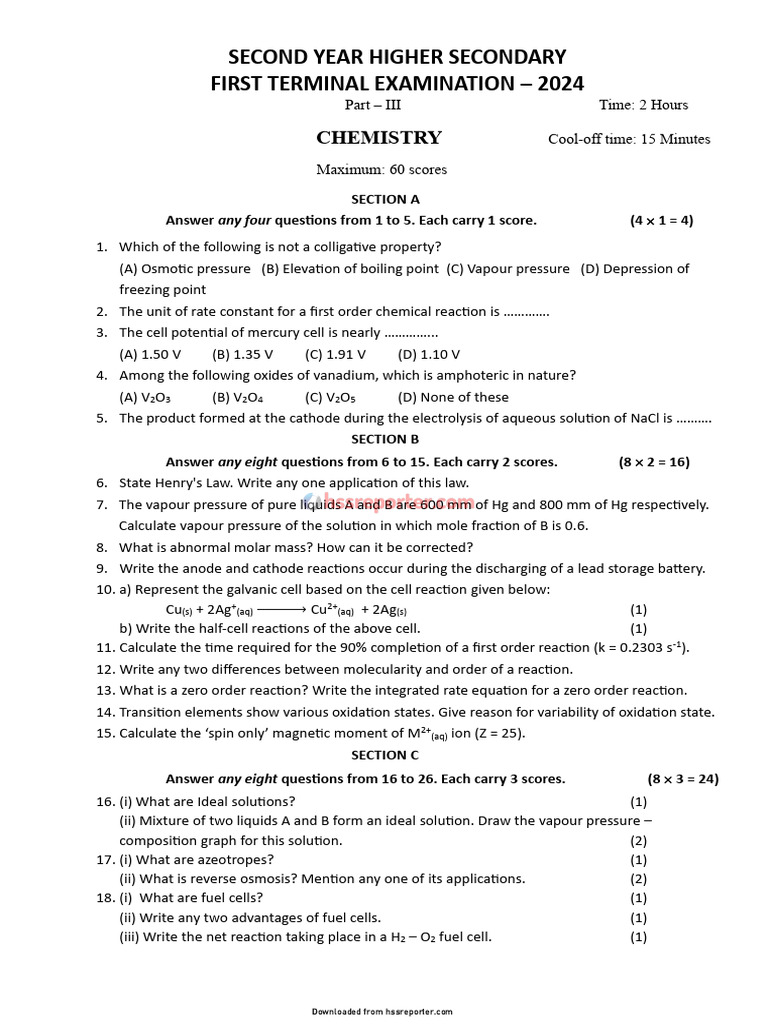 Plus Two Chemistry QP Eng Only-First Terminal Exam 2024 - Hssreporter ...