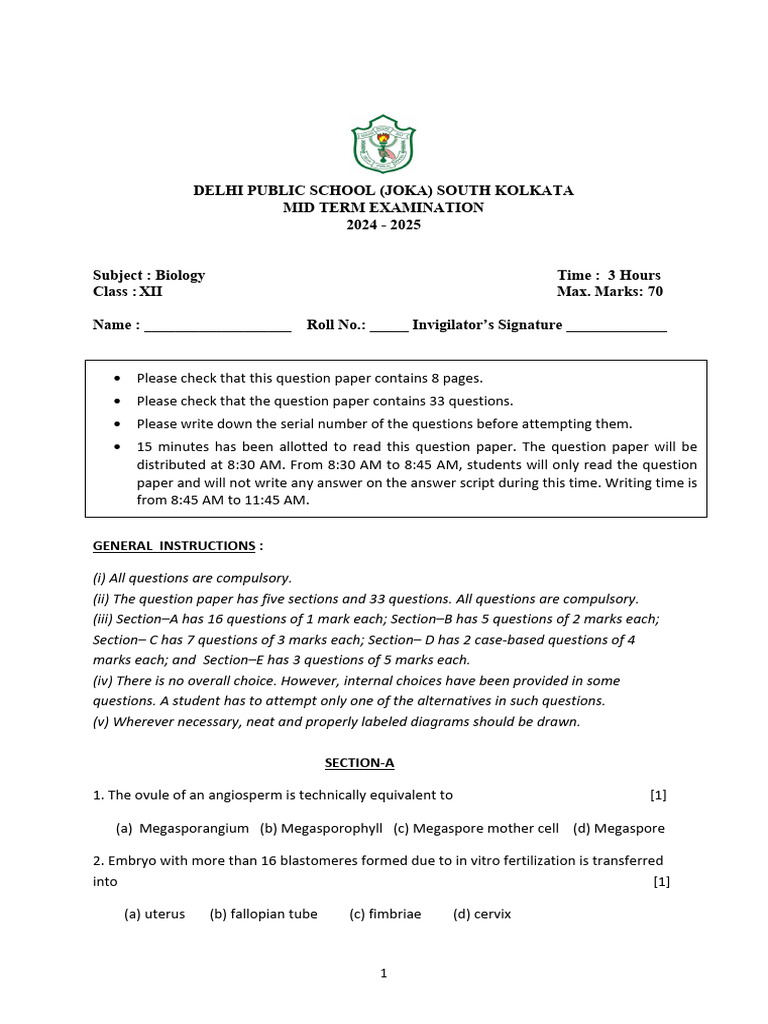Biology Mid Term Exam 2024-25 - Class XII | PDF | Molecular Cloning ...