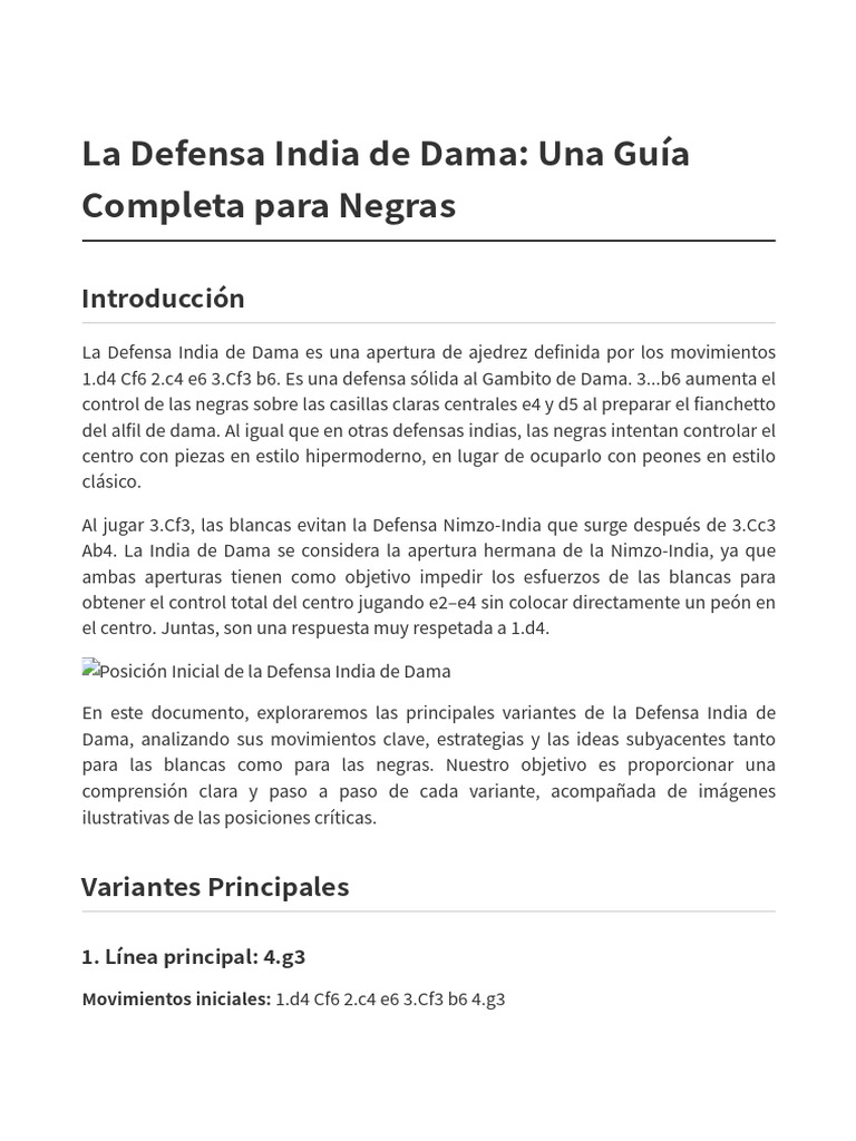 Guía de Defensa India de Dama para Negras | PDF | Aperturas de ajedrez ...