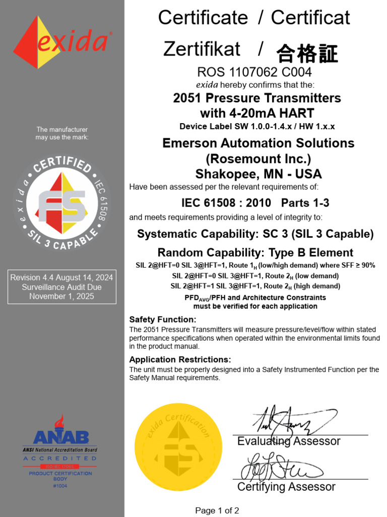 Certificate Certificate 2051 Pressure Transmitter en 89534 | PDF ...