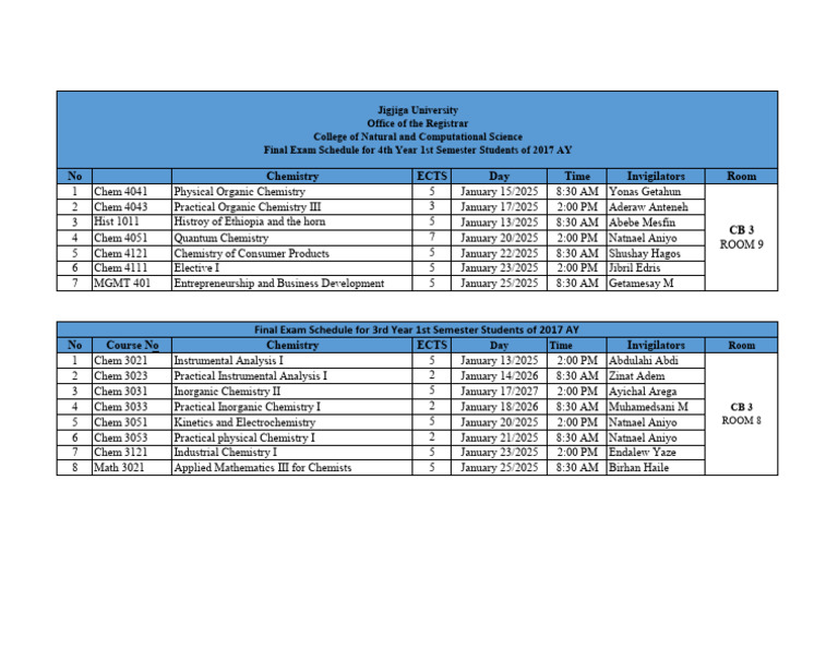 2017 AY Final Exam Schedule | PDF | Physical Chemistry | Applied And ...