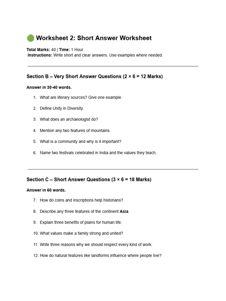 6? Worksheet 2 - Short Answer - Medium Answer Worksheet | PDF
