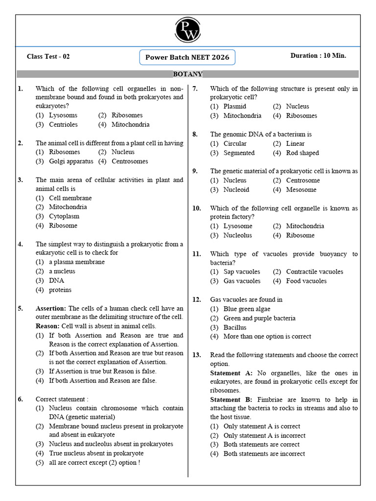 Botany Class Test Questions and Answers | PDF | Cell (Biology) | Prokaryote