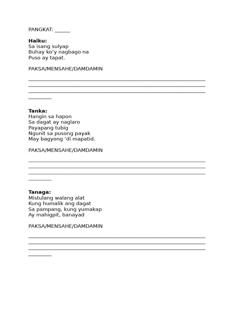 Tanka, Haiku, Tanaga | PDF