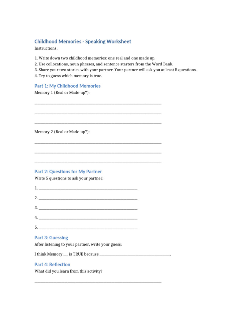 Childhood Memories Worksheet | PDF