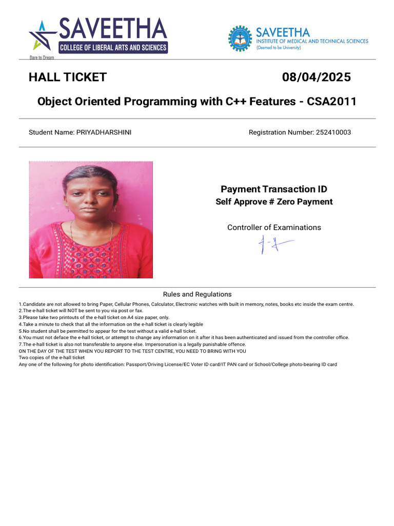 Hall Ticket 08/04/2025: Object Oriented Programming With C++ Features ...