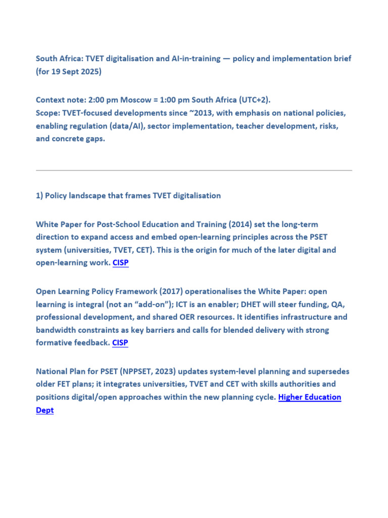 TVET Digitalisation and AI Policy Brief | PDF | Vocational Education ...
