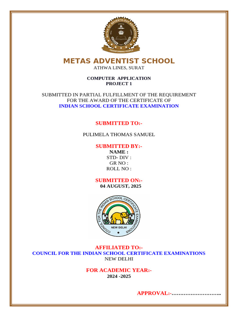 Metas Adventist School: Submitted in Partial Fulfillment of The ...