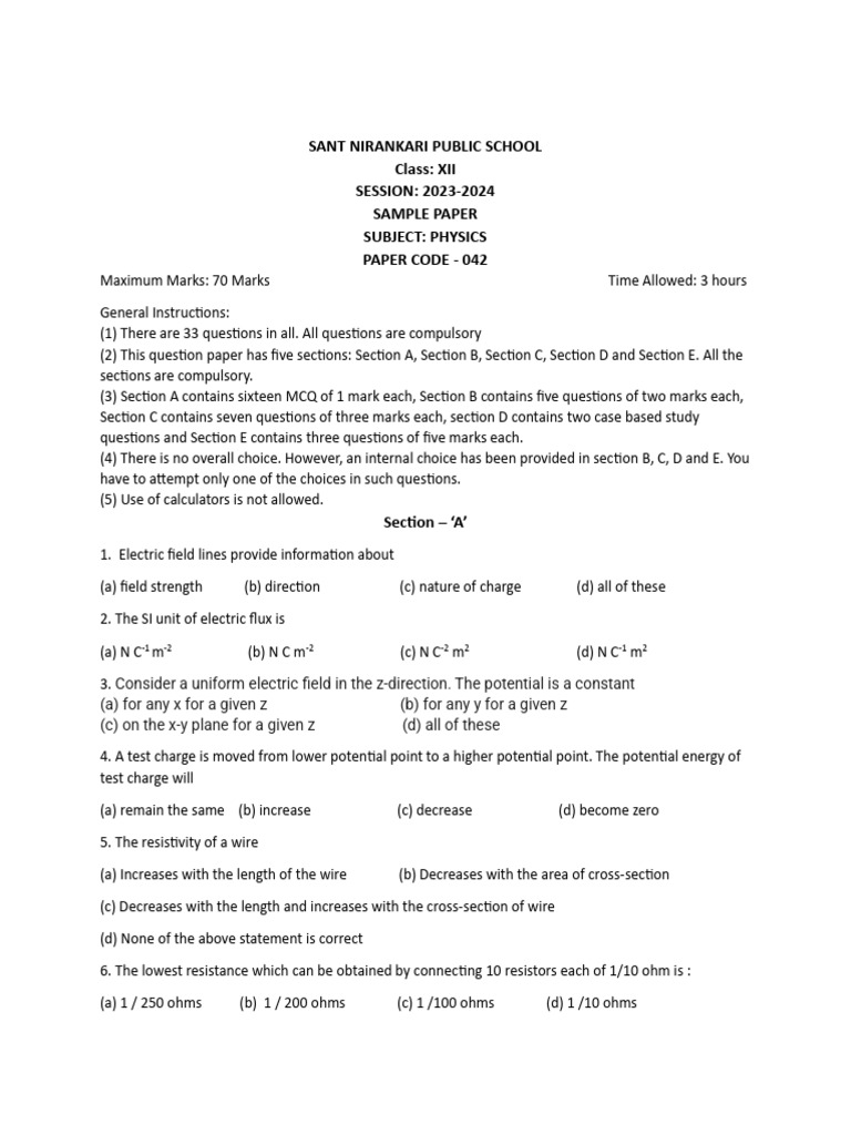 Class XII Physics Sample Paper 2023-24 | PDF | Magnetic Field ...