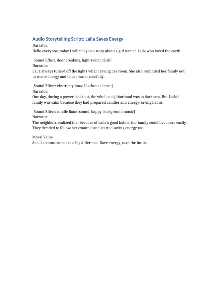 Audio Storytelling Script Laila Saves Energy | PDF