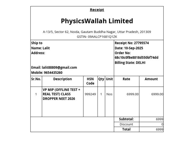 Receipt for NEET 2026 Test Purchase | PDF