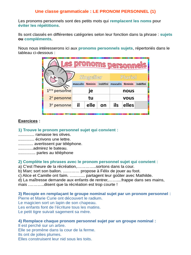 Les pronoms personnels sujets en exercices | PDF