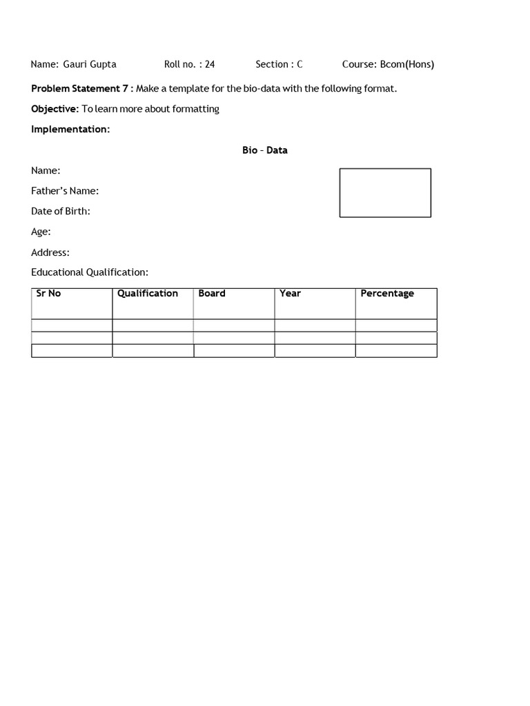 Problem Statement 7: Objective: Implementation: Bio - Data | PDF