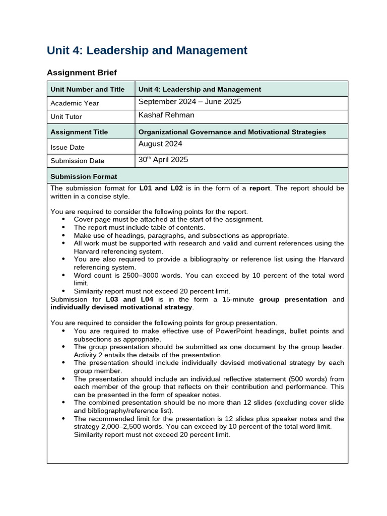 04-Leadership Management Assignment Brief Spring2025 | PDF | Leadership ...