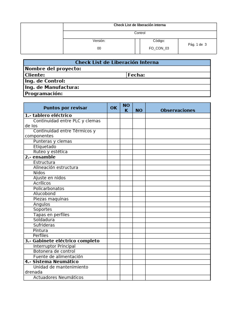 FO - CON - 03 V0 Check List de Liberación | PDF | Ingeniería mecánica ...