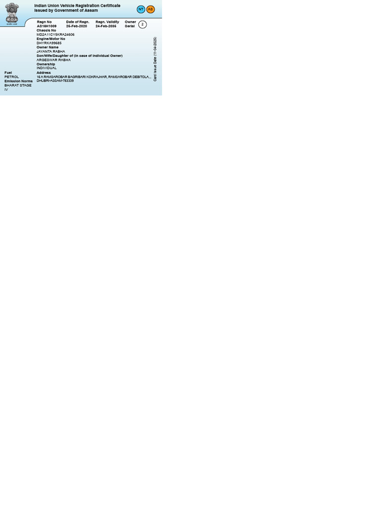 Assam Vehicle Registration Certificate Details | PDF