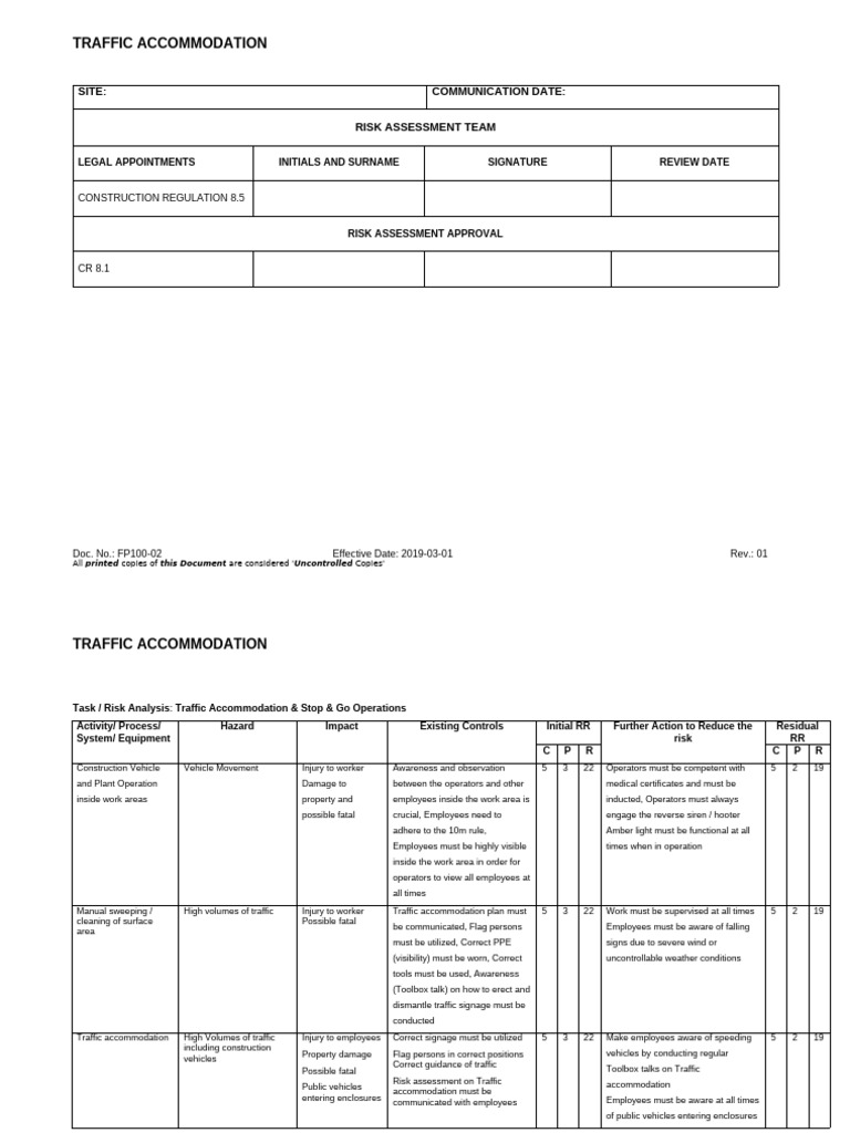 Traffic Accommodation Risk Assessment | PDF | Traffic | Occupational ...