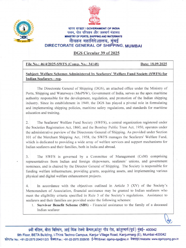 DGS Circular 39: Seafarer Welfare Schemes | PDF | Water Transport ...
